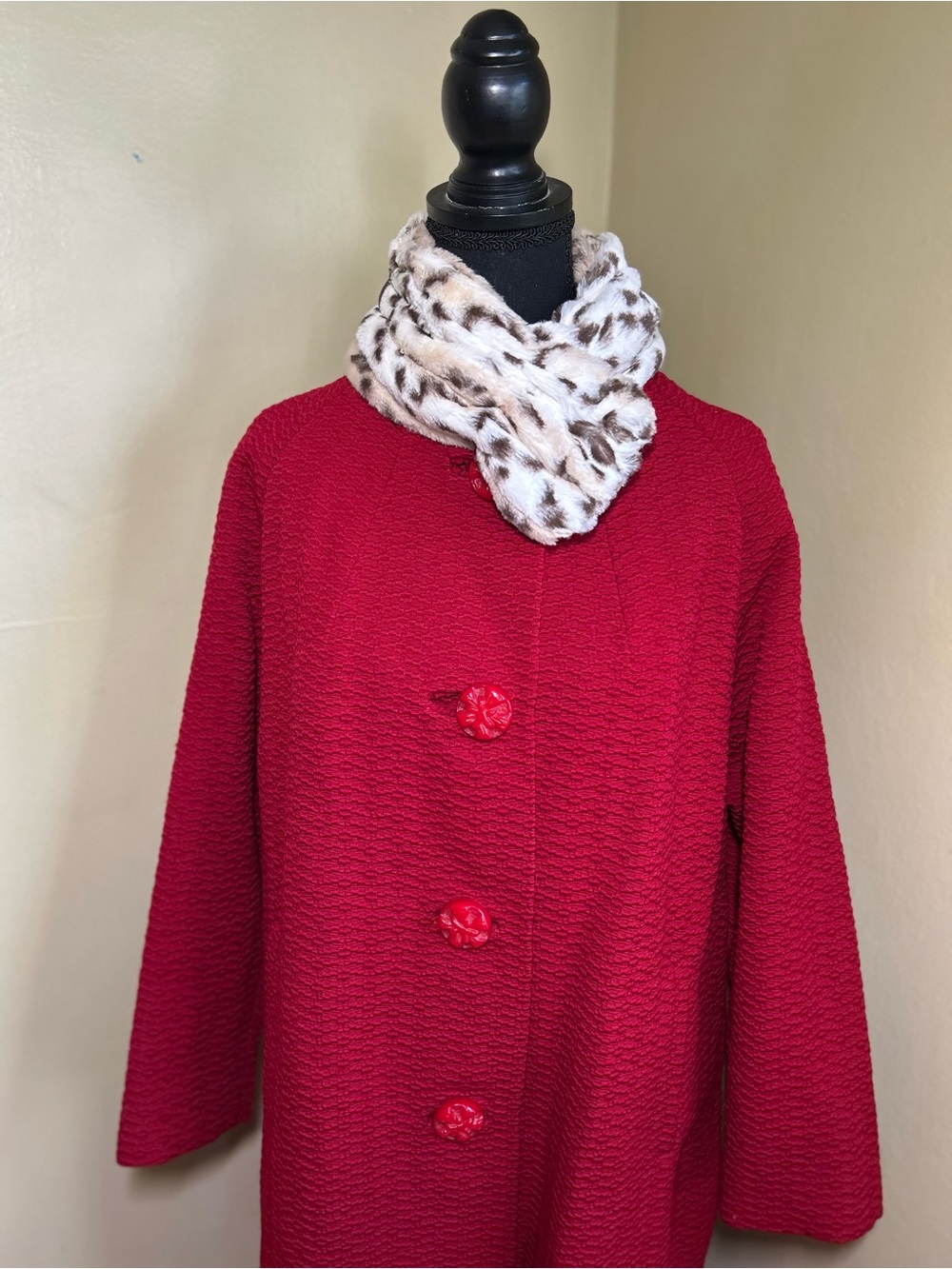 Vintage 1950s Mod Swing Red Textured Statement Coat  Forstmann Virgin Wool L/XL